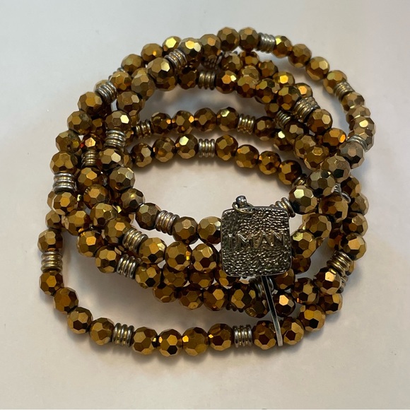IMAN Glass Gold Metallic Six Strand Beaded Bracelet - Adjustable Rare Find - Picture 10 of 12
